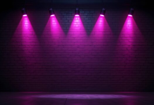 Empty dark stage background, textured brick wall illuminated by magenta spotlights. Dramatic lighting effect atmospheric space. Ideal for Nightclub, Concert, Event and Advertising themes.