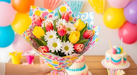 a hand holds a bouquet of colorful tulips and daisies wrapped in bright paper, presented at a party table full of balloons and cake.