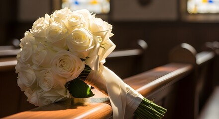 a bridal bouquet of white roses tied with silk ribbon rests on a wooden church pew, sunlight streaming through stained glass.
