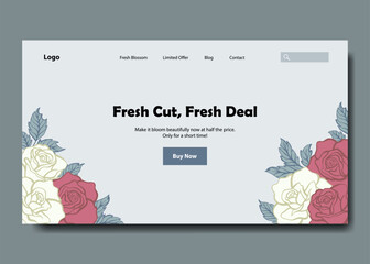 Minimalist and aesthetic Floral landing page with rose ornament and soft blue colors