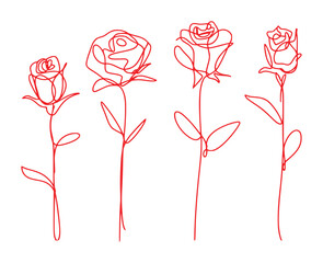 Minimalist Red Line Art Roses: A Collection of Four Elegant Floral Designs
