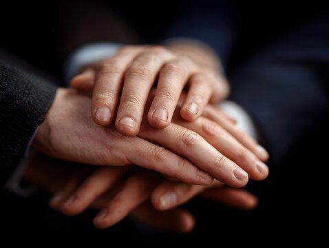 A group of business professionals show teamwork and unity by stacking their hands in the center tightly together.