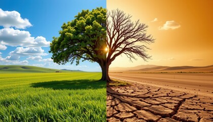 Contrast of Lush Green Landscape and Barren Desert under Clear Blue Sky and Orange Sunset