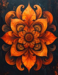 An ornate, symmetrical floral design blooms with warm orange hues, set against a dark, textured background