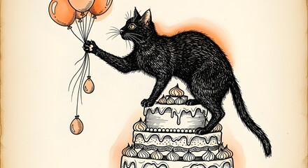 a black cat balances on top of a frosted cake while pawing at dangling balloons.