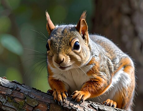 A close-up portrait shows a squirrel perched on a tree branch, looking directly at the viewer with bright eyes