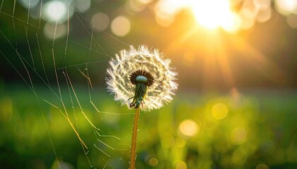 Macro CloseUp Of Dandelion Seed Head With Spider Web Covered In Dew Drops During Golden Hour Sunset With Sun Rays Shining Through Green Meadow