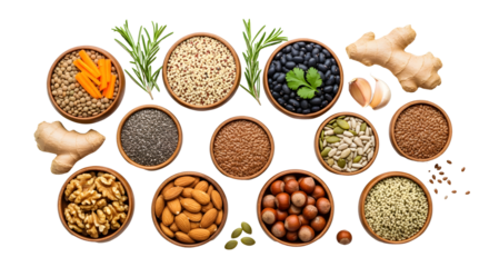 An overhead flat lay of superfoods and healthy ingredients. The collection features various nuts