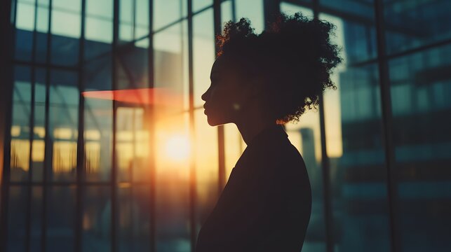 Silhouette of a woman standing in front of a window with the sun setting in the background.