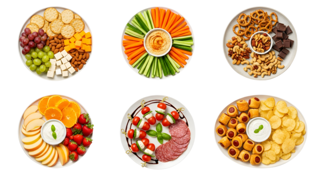 Set of six assorted appetizer platters and snack boards, top view isolated on white background - Powered by Adobe