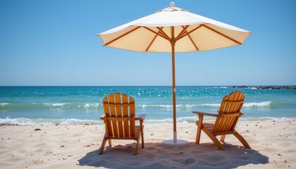 Relaxing Beach Scene with Two Wooden Chairs and a Large Umbrella on a Sunny Day