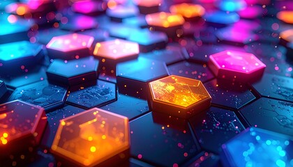 Close-up view of geometric hexagonal shapes, varying in color, with a textured background and glowing highlights