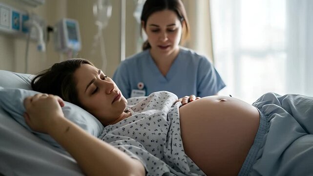 Pregnant Woman in Labor with Nurse Monitoring Her Contractions During Childbirth
