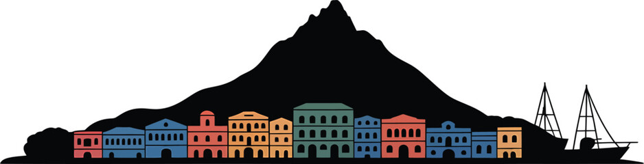 Colorful Willemstad Curacao Skyline Caribbean Charm, Vibrant Coastal City Silhouette Illustration