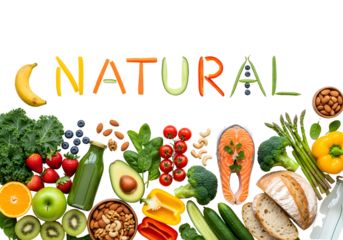 Word NATURAL spelled with fruits and vegetables, surrounding a large assortment of healthy food, top view