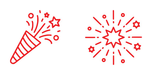 Red Line Art Icons of a Party Popper and Fireworks on White Background