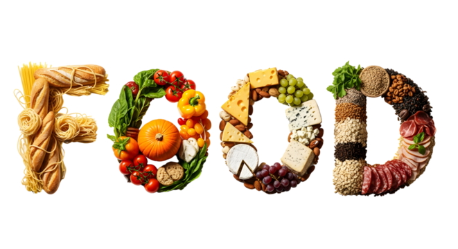 The word FOOD spelled with various ingredients pasta, bread, vegetables, cheese, nuts, and meats