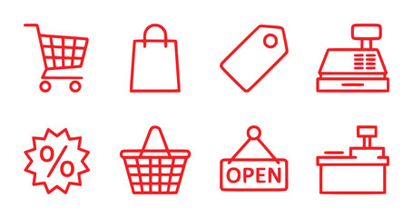 Red Line Icons for Shopping: Cart, Bag, Tag, Cash Register, Discount, Basket, Open Sign