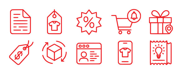 Red Line Icons Representing E-commerce, Shopping, and Business Concepts