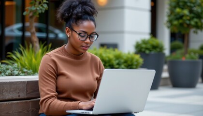 Young woman focused on laptop outdoors, dressed in cozy sweater, surrounded by nature and modern architecture, capturing a moment of productivity