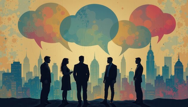 Silhouetted Business People Engaging in Discussion Overlooking City Skyline with Colorful Speech Bubbles