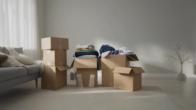 Moving Boxes Stacked in New Apartment Room Transition