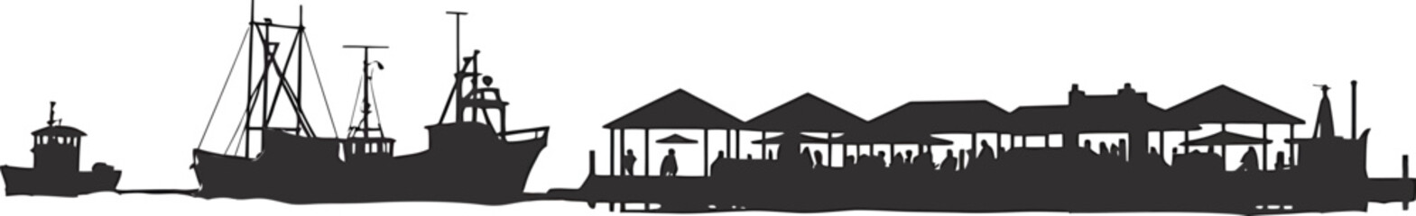 Fototapeta premium Seaside Silhouette Scene Depicting Harbor Docks Fishing Boats and Buildings Against Transparent Backdrop