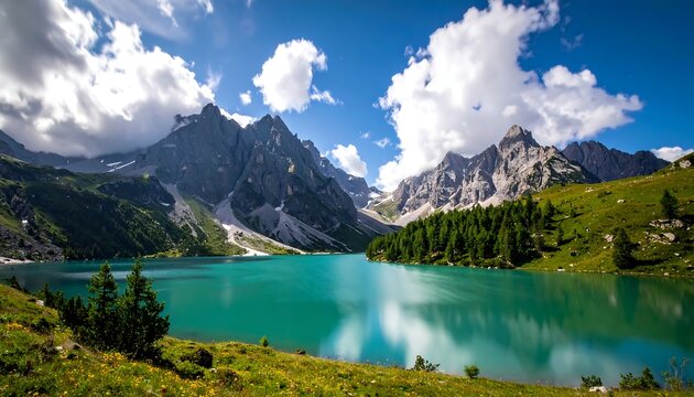 Serene alpine lake reflecting peaks under a dramatic, cloudy sky - Powered by Adobe