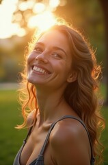 Authentic Lifestyle Portrait of a Smiling Woman in Morning Sunlight