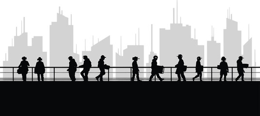 Silhouetted Pedestrians Traverse Elevated Bridge Amidst Cityscape Scene Black and White Style