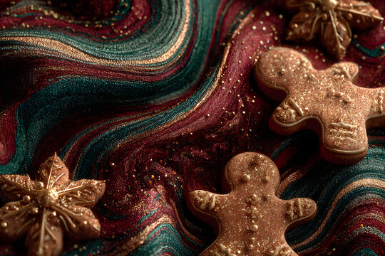 Christmas abstract background with cookies on red fabric