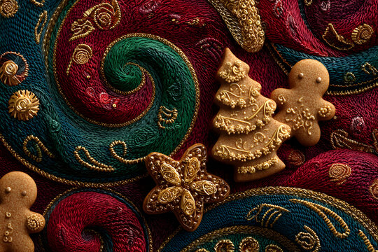 Christmas abstract background with cookies on red fabric