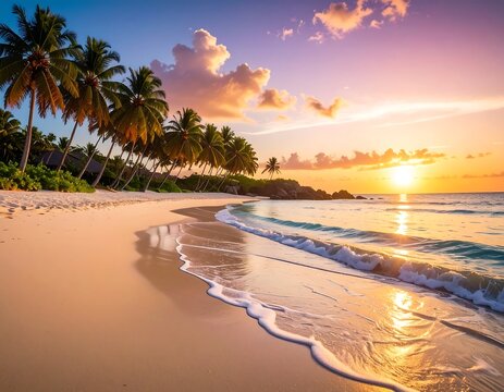 A vibrant, warm scene of a tropical beach at sunset, showing palm trees, sand, and ocean waves. The sky is filled with colored clouds