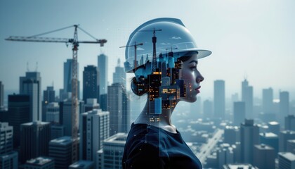 Professional woman engineer with city skyline overlay in modern urban construction environment