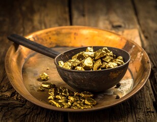 Golden nuggets fill a pan atop a copper wash basin on a wood surface