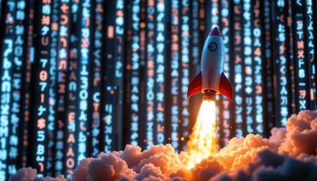 Futuristic Rocket Launching into a Digital Space with Binary Code and Bright Flames