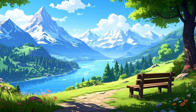 Serene anime-style landscape featuring mountains, lake, and a wooden bench - Powered by Adobe