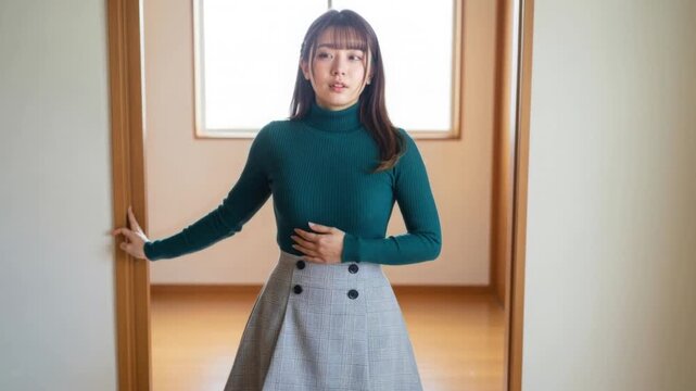 新居のドアから部屋を覗き込むタートルネックの女性