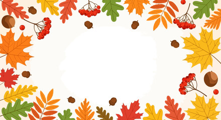 Autumn frame with colorful leaves, berries, and acorns on a cream background