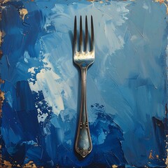 Close-up of a silver fork against a backdrop of heavily textured abstract blue oil paint strokes