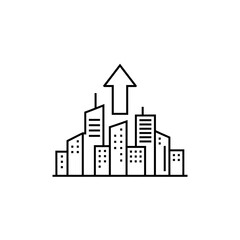 Illustration of outline icon of a city skyline with an upward arrow indicating urban growth