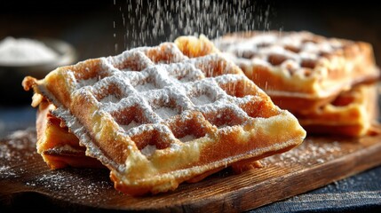 Golden waffles dusted with powdered sugar, served on wooden board for delicious breakfast