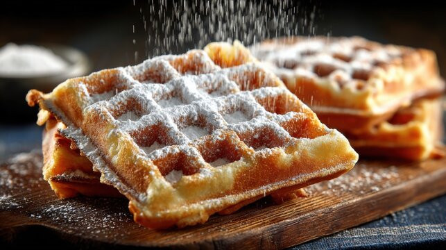 Golden waffles dusted with powdered sugar, served on wooden board for delicious breakfast - Powered by Adobe