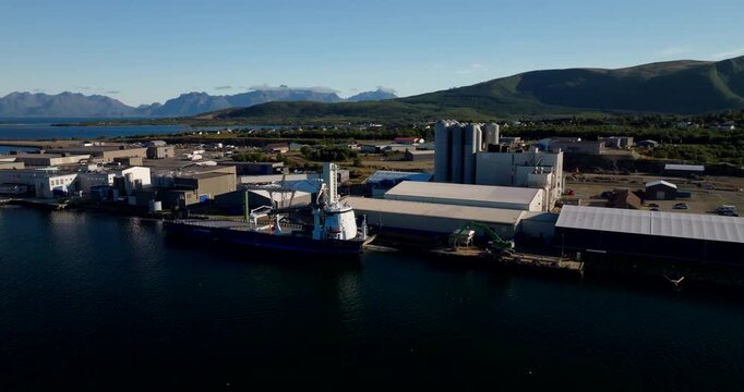 Stokmarknes industrial park with aquafeed production on Boroya island. Aerial