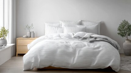 Minimalist Bedroom Interior with White Bedding, Light Wood Nightstand, and Potted Plants for Modern Living