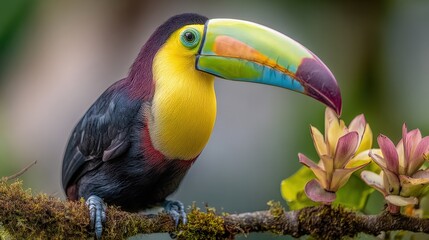Naklejka premium Colorful Toucan Perched on Branch in Lush Rainforest Environment, Close-Up Wildlife Portrait