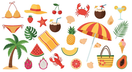Colorful Summer Beach Holiday Icons Bikini, Palm Tree, Fruits, and Beach Elements