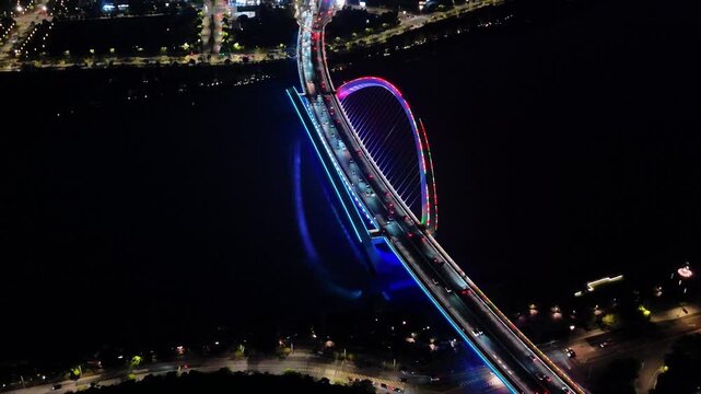 Vibrant Night View of Yong River Crossing, Nanning Bridge Illuminated in Colorful Hues