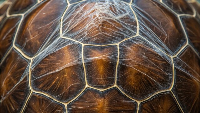 Close-up of a turtle shell displaying intricate patterns and textures.