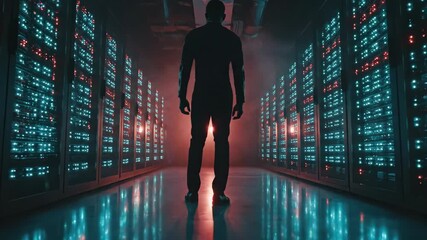 Silhouette of a Man Standing in a Data Center Server Room with Blue and Red Lights - Powered by Adobe